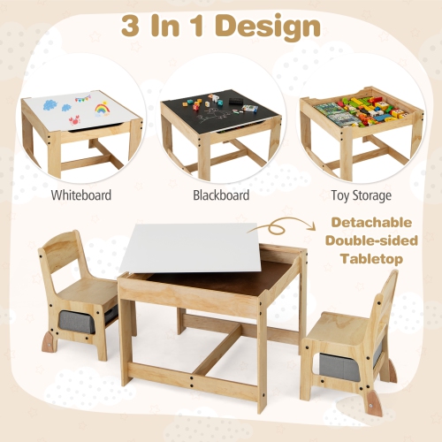 Gymax 3-In-1 Kids Table & Chairs Set w/Reversible Whiteboard/Chalkboard Top Hidden Storage