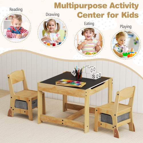 Gymax 3-In-1 Kids Table & Chairs Set w/Reversible Whiteboard/Chalkboard Top Hidden Storage