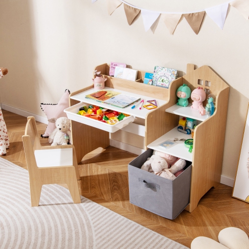 Gymax Kids Desk & Chair Set w/ Open Shelves Drawer & Fabric Storage Bin
