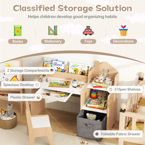 Gymax Kids Desk & Chair Set w/ Open Shelves Drawer & Fabric Storage Bin