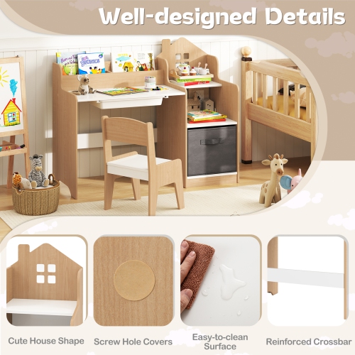 Gymax Kids Desk & Chair Set w/ Open Shelves Drawer & Fabric Storage Bin