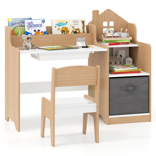 Gymax Kids Desk & Chair Set w/ Open Shelves Drawer & Fabric Storage Bin