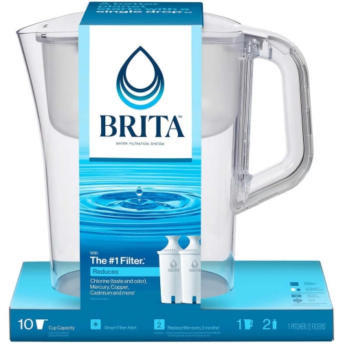 Grand pichet à filtre à eau de 10 tasses Brita avec rappel de filtre d'éclairage intelligent et 2 filtres standard, blanc