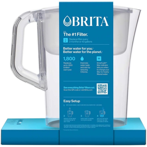Grand pichet à filtre à eau de 10 tasses Brita avec rappel de filtre d'éclairage intelligent et 2 filtres standard, blanc