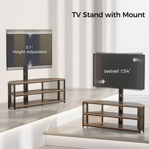 BoldDeco TV Stand with Mount and Power Outlet, Swivel TV Stand Mount with LED Lights for 45–70 Inch TVs, Rustic Brown Entertainment Center with