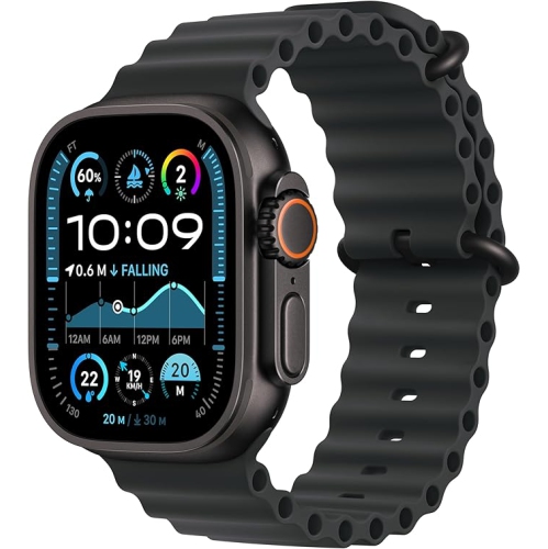 Montre intelligente Apple Watch Ultra 2 [GPS + Cellular 49&nbsp;mm], montre sport, boîtier titane noir robuste et bracelet océan noir. Moniteur