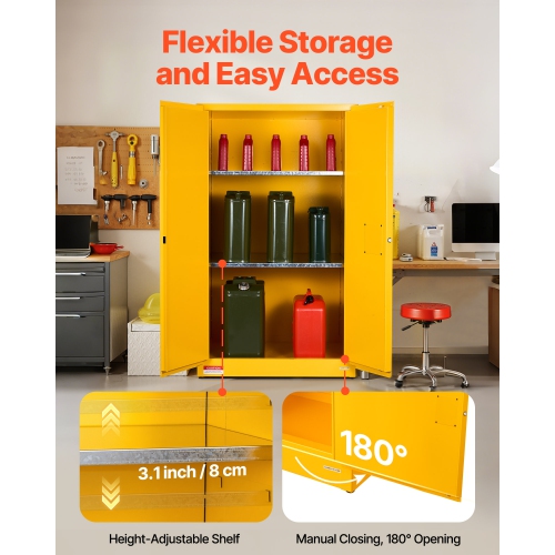 VEVOR 65 Gallon Flammable Cabinet, 37.9 x 34.0 x 65.0 Inch, Flammable Storage Cabinet with Adjustable Shelf, Cold-Rolled and Galvanized Steel Fire