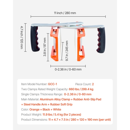 VEVOR 2 Pack Double Handed Stone Carrying Clamps, 660 lbs Load Capacity, Granite Panel Carriers Lifting Tools with Rubber-lined, Heavy Duty lifting