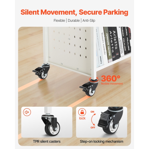 VEVOR 330 lbs Capacity Rolling Library Book Cart, 38.2 x 20.3 x 48.2-Inch Library Cart, Double Sided W-Shaped Shelves with 3-Inch Lockable Wheels,