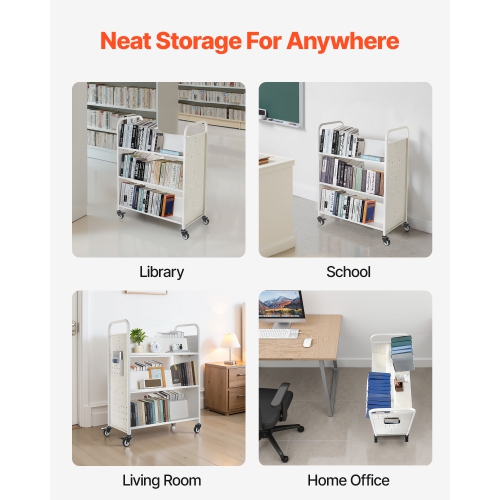 VEVOR 330 lbs Capacity Rolling Library Book Cart, 38.2 x 20.3 x 48.2-Inch Library Cart, Double Sided W-Shaped Shelves with 3-Inch Lockable Wheels,