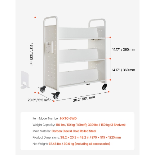 VEVOR 330 lbs Capacity Rolling Library Book Cart, 38.2 x 20.3 x 48.2-Inch Library Cart, Double Sided W-Shaped Shelves with 3-Inch Lockable Wheels,