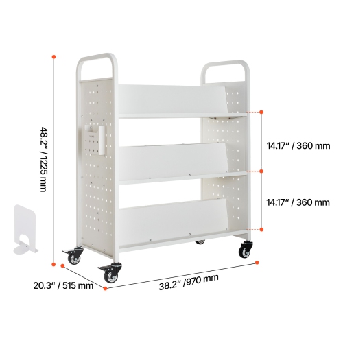VEVOR 330 lbs Capacity Rolling Library Book Cart, 38.2 x 20.3 x 48.2-Inch Library Cart, Double Sided W-Shaped Shelves with 3-Inch Lockable Wheels,