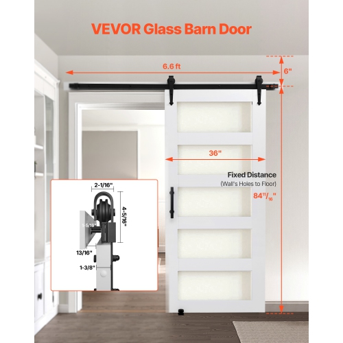 VEVOR 36 x 84 inch Sliding Barn Door, High-Strength MDF Panel and Glass, Barn Door with Hardware Kit, Water-Proof PVC Surface, Easy to Install,
