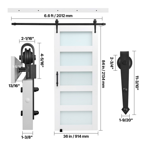 VEVOR 36 x 84 inch Sliding Barn Door, High-Strength MDF Panel and Glass, Barn Door with Hardware Kit, Water-Proof PVC Surface, Easy to Install,