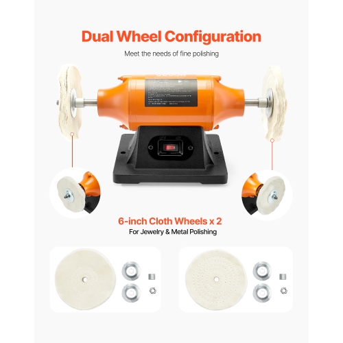 Polisseuse d'établi VEVOR 1/2, polisseuse d'établi de 6&nbsp;po, polisseuse de paillasse à une vitesse 3450&nbsp;tr/min avec roues en tissu de 2