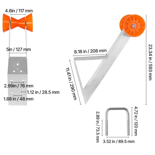 VEVOR Boat Trailer Winch Stand, 2 to 3-inch Winch Posts, Boat Trailer Winch Seat with TPU Orange Roller & U-Bolts, Suitable for Jet Ski, Sailboat,