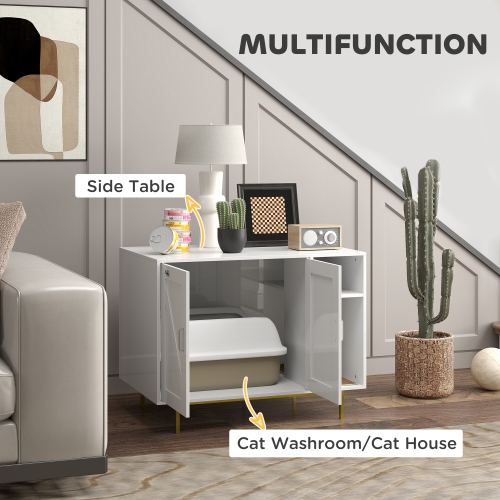 PawHut Cat Litter Box Enclosure, Litter Box Furniture with Scratching Pad, 2-Door Storage Cabinet, Indoor Cat House for Living Room, Bedroom, 31.5" x