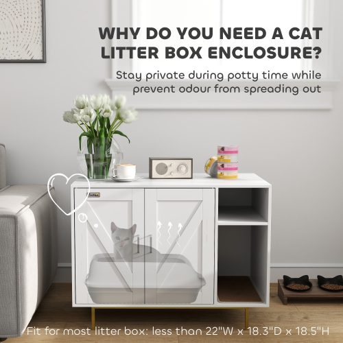 PawHut Cat Litter Box Enclosure, Litter Box Furniture with Scratching Pad, 2-Door Storage Cabinet, Indoor Cat House for Living Room, Bedroom, 31.5" x