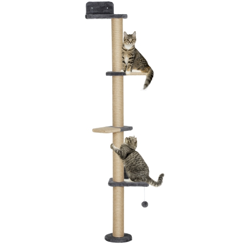 PawHut – Étagère murale pour chats, meuble mural pour arbre de chat avec 4 plateformes percheuses, poteau de grattage en jute et balle jouet pour le