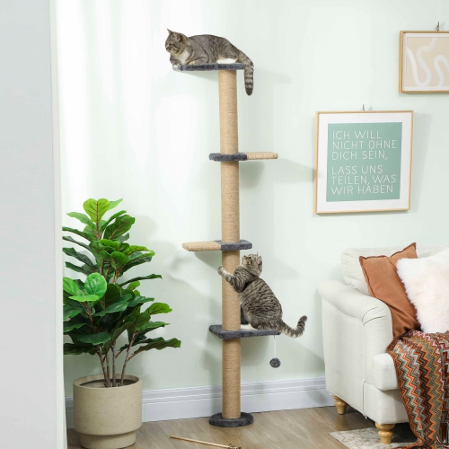 PawHut – Étagère murale pour chats, meuble mural pour arbre de chat avec 4 plateformes percheuses, poteau de grattage en jute et balle jouet pour le