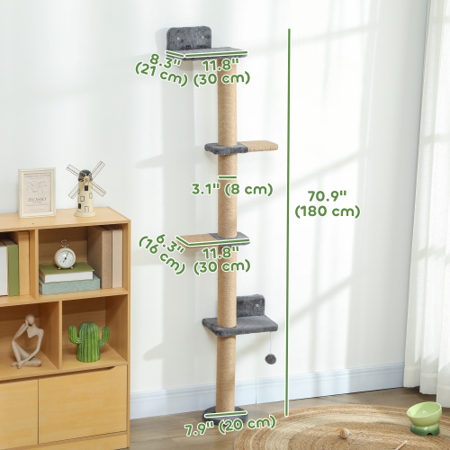 PawHut – Étagère murale pour chats, meuble mural pour arbre de chat avec 4 plateformes percheuses, poteau de grattage en jute et balle jouet pour le