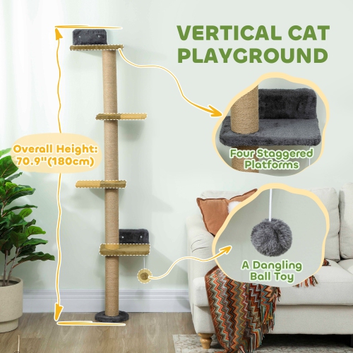PawHut – Étagère murale pour chats, meuble mural pour arbre de chat avec 4 plateformes percheuses, poteau de grattage en jute et balle jouet pour le