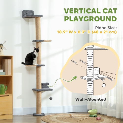 PawHut – Étagère murale pour chats, meuble mural pour arbre de chat avec 4 plateformes percheuses, poteau de grattage en jute et balle jouet pour le