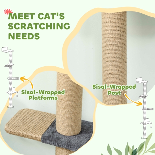 PawHut – Étagère murale pour chats, meuble mural pour arbre de chat avec 4 plateformes percheuses, poteau de grattage en jute et balle jouet pour le