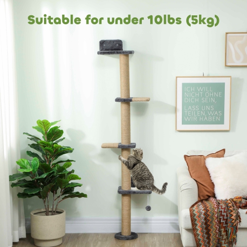 PawHut – Étagère murale pour chats, meuble mural pour arbre de chat avec 4 plateformes percheuses, poteau de grattage en jute et balle jouet pour le