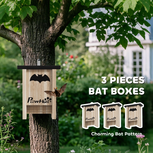 PawHut Bat Boxes, Pack of 3 Wooden Bat Houses for Outdoor, Garden, Farm, Easy for Bat to Land and Roost, Designed to Attract Bats & Easy to Hang, 18
