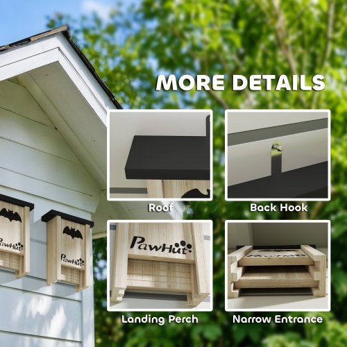 PawHut Bat Boxes, Pack of 3 Wooden Bat Houses for Outdoor, Garden, Farm, Easy for Bat to Land and Roost, Designed to Attract Bats & Easy to Hang, 18