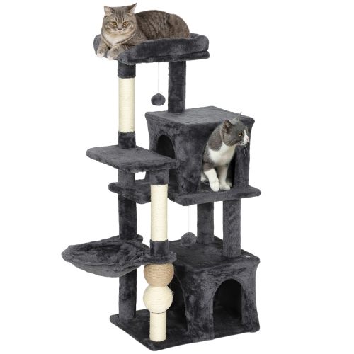 PawHut Cat Tree, 42" Cat Tower for Indoor Cats Multi-Level with Padded Plush Perch, Cozy Hammock, 2 Door Condos, Scratching Posts, Toy Balls, Dark