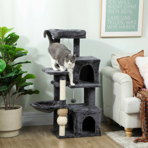 PawHut Cat Tree, 42" Cat Tower for Indoor Cats Multi-Level with Padded Plush Perch, Cozy Hammock, 2 Door Condos, Scratching Posts, Toy Balls, Dark