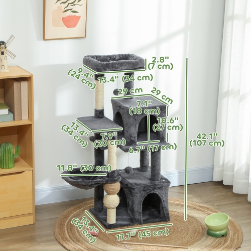 PawHut Cat Tree, 42" Cat Tower for Indoor Cats Multi-Level with Padded Plush Perch, Cozy Hammock, 2 Door Condos, Scratching Posts, Toy Balls, Dark
