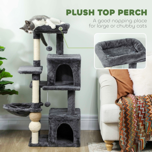 PawHut Cat Tree, 42" Cat Tower for Indoor Cats Multi-Level with Padded Plush Perch, Cozy Hammock, 2 Door Condos, Scratching Posts, Toy Balls, Dark