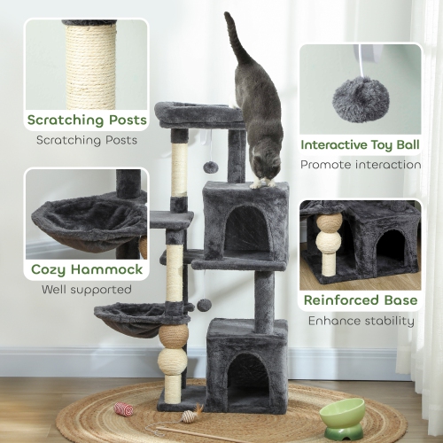 PawHut Cat Tree, 42" Cat Tower for Indoor Cats Multi-Level with Padded Plush Perch, Cozy Hammock, 2 Door Condos, Scratching Posts, Toy Balls, Dark