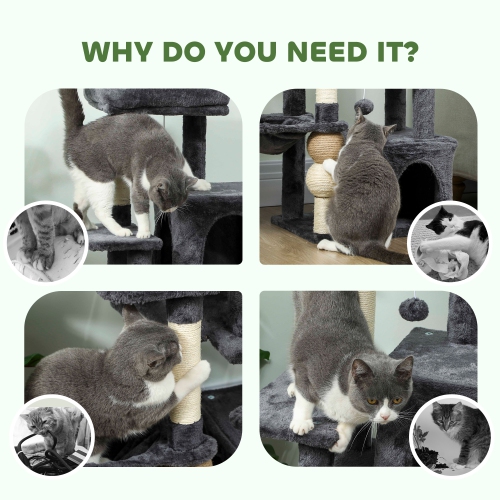 PawHut Cat Tree, 42" Cat Tower for Indoor Cats Multi-Level with Padded Plush Perch, Cozy Hammock, 2 Door Condos, Scratching Posts, Toy Balls, Dark