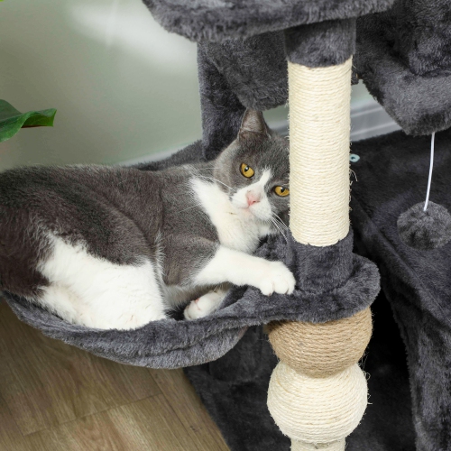 PawHut Cat Tree, 42" Cat Tower for Indoor Cats Multi-Level with Padded Plush Perch, Cozy Hammock, 2 Door Condos, Scratching Posts, Toy Balls, Dark