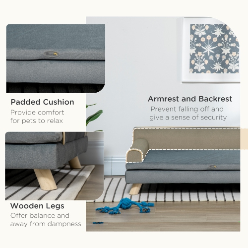 PawHut Dog Sofa, 39" Cat Couch with Removable Cushion, Washable Cover, Wooden Legs, Elevated Pet Cat Sofa for Medium & Large Dogs, Dark Grey