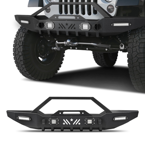VEVOR Front Bumper Compatible with 1987-2006 Jeep Wrangler YJ TJ, Heavy-Duty Steel Front Bumper with 2PCS LED Light Bars, 2PCS LED Work Lights, Winch