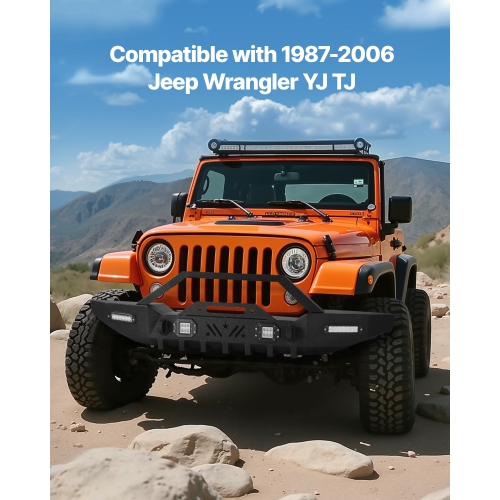 VEVOR Front Bumper Compatible with 1987-2006 Jeep Wrangler YJ TJ, Heavy-Duty Steel Front Bumper with 2PCS LED Light Bars, 2PCS LED Work Lights, Winch