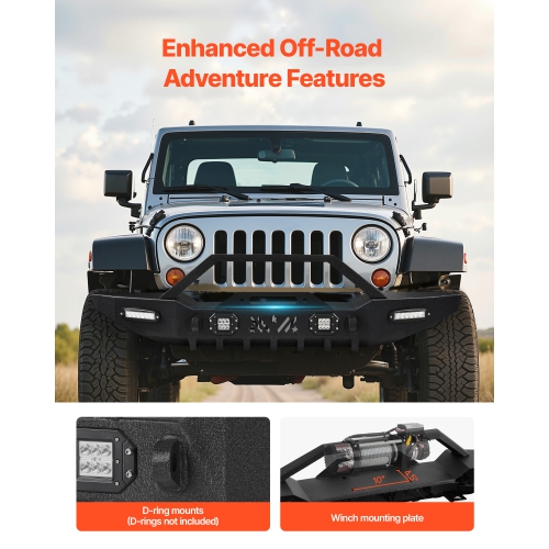VEVOR Front Bumper Compatible with 1987-2006 Jeep Wrangler YJ TJ, Heavy-Duty Steel Front Bumper with 2PCS LED Light Bars, 2PCS LED Work Lights, Winch