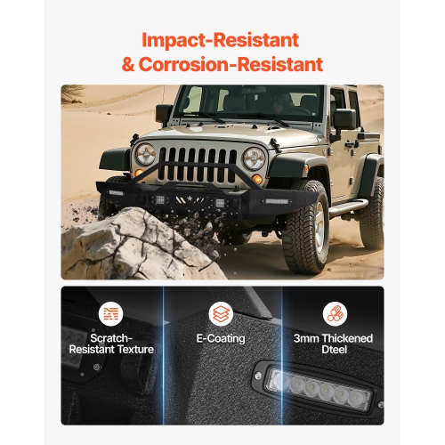 VEVOR Front Bumper Compatible with 1987-2006 Jeep Wrangler YJ TJ, Heavy-Duty Steel Front Bumper with 2PCS LED Light Bars, 2PCS LED Work Lights, Winch