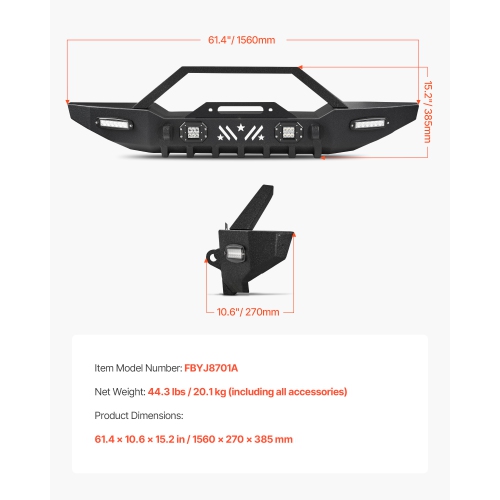 VEVOR Front Bumper Compatible with 1987-2006 Jeep Wrangler YJ TJ, Heavy-Duty Steel Front Bumper with 2PCS LED Light Bars, 2PCS LED Work Lights, Winch