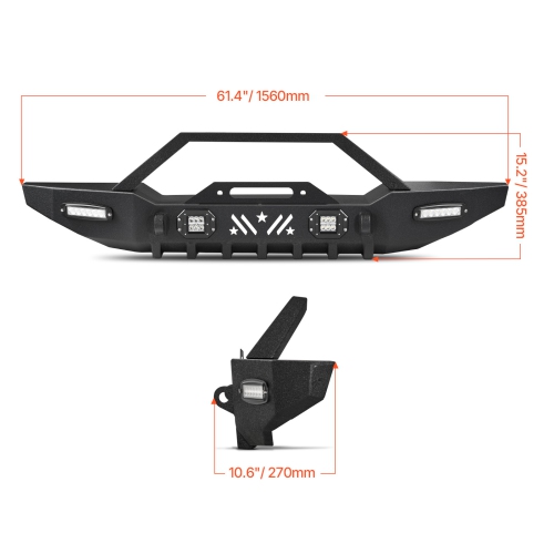 VEVOR Front Bumper Compatible with 1987-2006 Jeep Wrangler YJ TJ, Heavy-Duty Steel Front Bumper with 2PCS LED Light Bars, 2PCS LED Work Lights, Winch