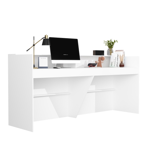 Famapy 86.6-Inch White Modern Reception Desk with Hutch – Stylish, Durable, and Functional for Office Organization,White
