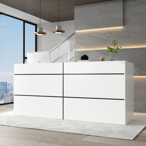 Famapy 86.6-Inch White Modern Reception Desk with Hutch – Stylish, Durable, and Functional for Office Organization,White