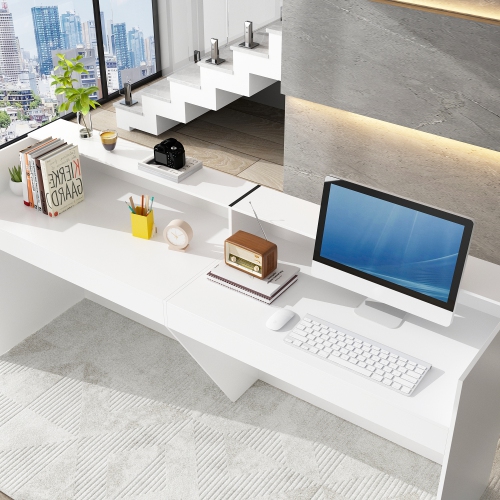 Famapy 86.6-Inch White Modern Reception Desk with Hutch – Stylish, Durable, and Functional for Office Organization,White