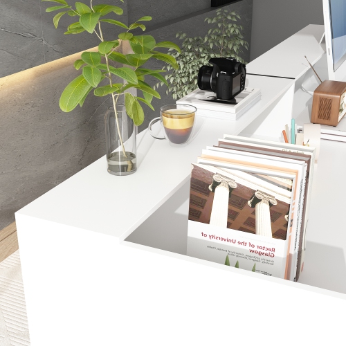 Famapy 86.6-Inch White Modern Reception Desk with Hutch – Stylish, Durable, and Functional for Office Organization,White