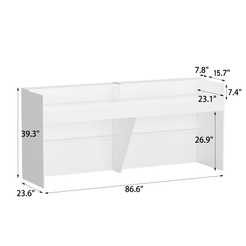 Famapy 86.6-Inch White Modern Reception Desk with Hutch – Stylish, Durable, and Functional for Office Organization,White